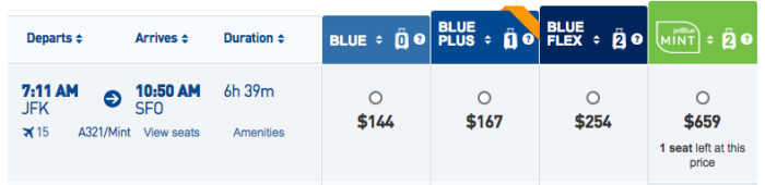 JetBlue Plus JFK - SFO cash booking