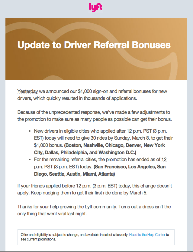 $1000 Bonus For New Lyft Drivers - Change in Terms