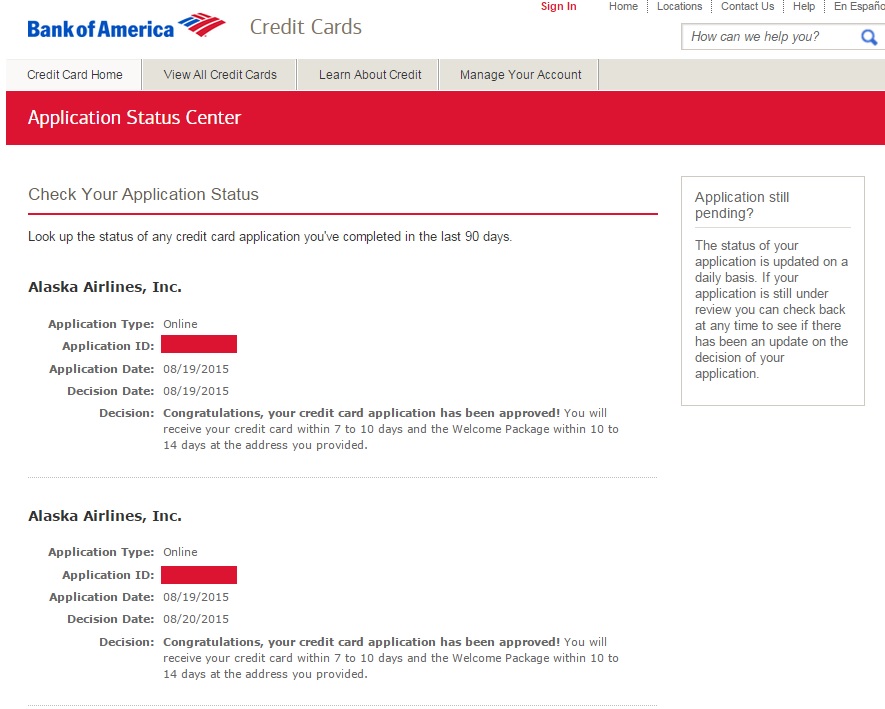 Bank of America Credit Card Application Status Results