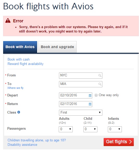 British Airways BA Avios Award Search Error