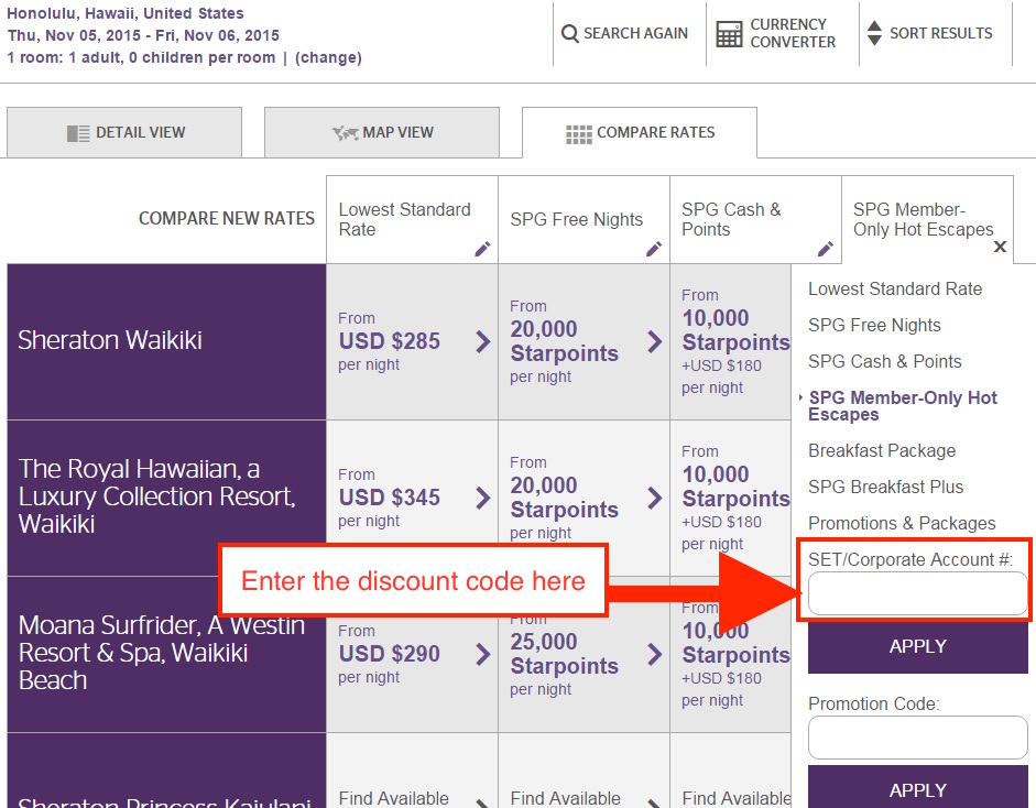 Starwood SPG Corporate Discount Codes