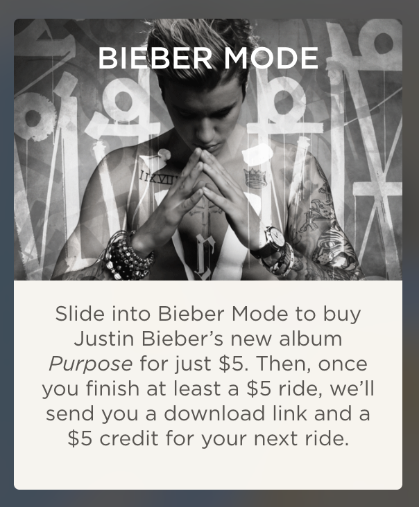 Lyft Bieber Mode - $50 Lyft Credit