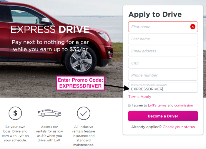 Lyft Express Drive - Free Rental Car Sign Up Page