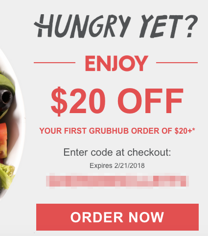 $20 Off First GrubHub Food Delivery Order of $20+ (For New ...