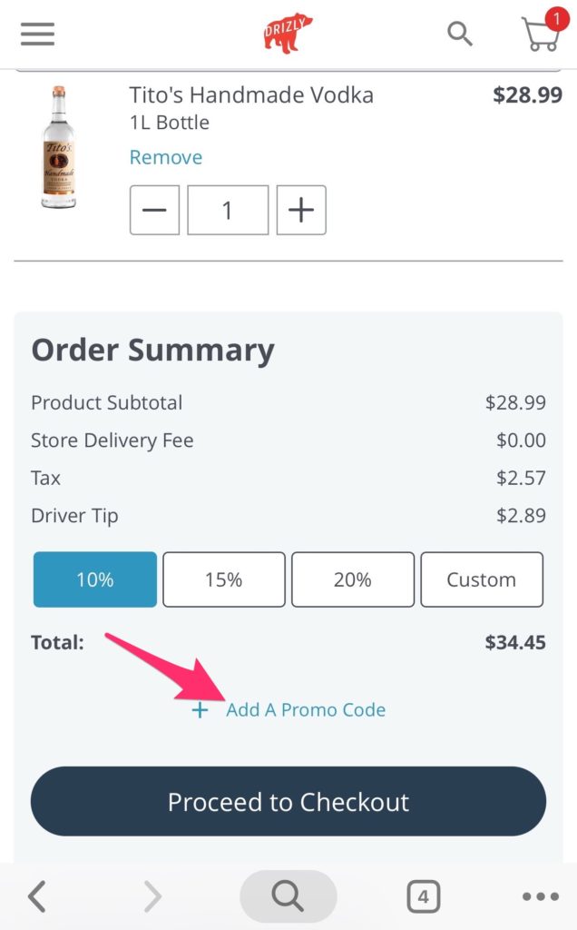 Drizly Promo Code Checkout Screen $15 off